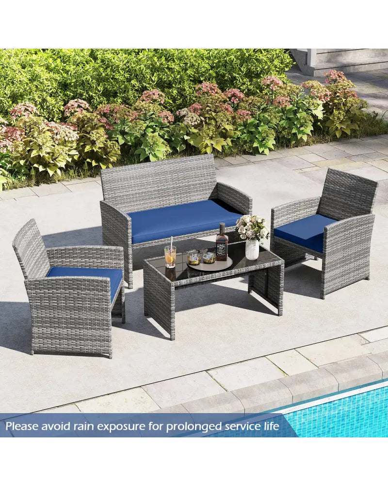4 Piece Patio Conversation Set Rattan Chair Loveseat and Table Set-Navy - Navy - Patio Conversation Sets