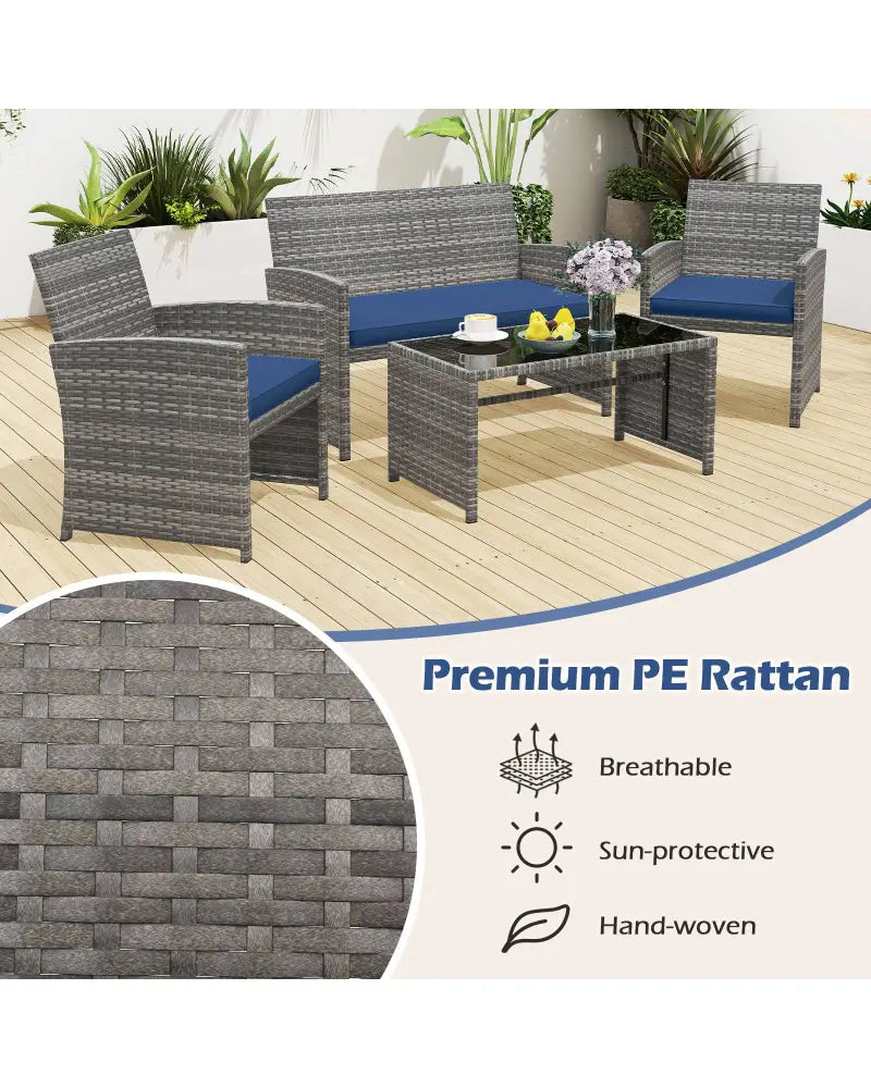 4 Piece Patio Conversation Set Rattan Chair Loveseat and Table Set-Navy - Navy - Patio Conversation Sets
