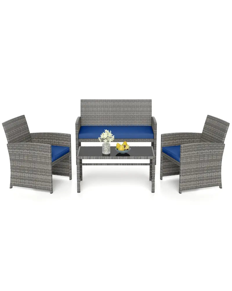 4 Piece Patio Conversation Set Rattan Chair Loveseat and Table Set-Navy - Navy - Patio Conversation Sets
