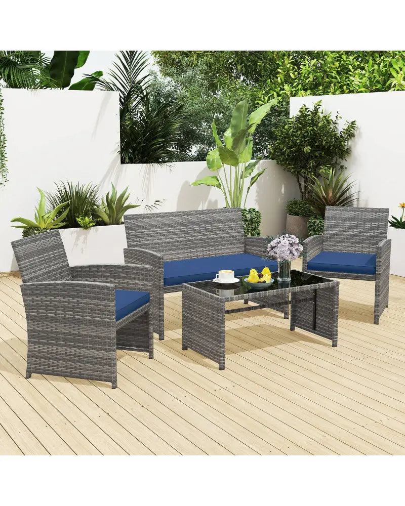 4 Piece Patio Conversation Set Rattan Chair Loveseat and Table Set-Navy - Navy - Patio Conversation Sets