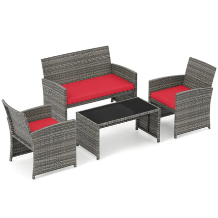 4 Piece Patio Conversation Set Rattan Chair Loveseat and Table Set-Red - Red - Patio Conversation Sets