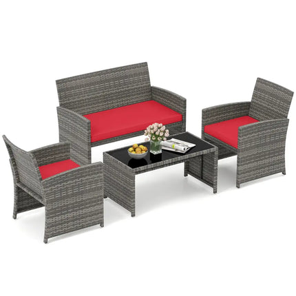 4 Piece Patio Conversation Set Rattan Chair Loveseat and Table Set-Red - Red - Patio Conversation Sets