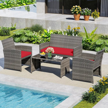 4 Piece Patio Conversation Set Rattan Chair Loveseat and Table Set-Red - Red - Patio Conversation Sets