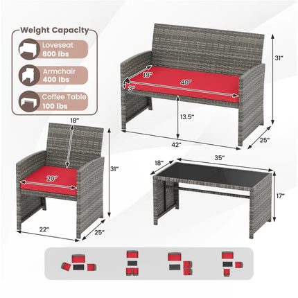 4 Piece Patio Conversation Set Rattan Chair Loveseat and Table Set-Red - Red - Patio Conversation Sets