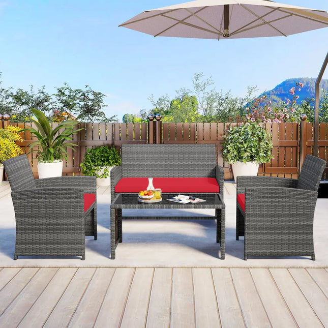 4 Piece Patio Conversation Set Rattan Chair Loveseat and Table Set-Red - Red - Patio Conversation Sets