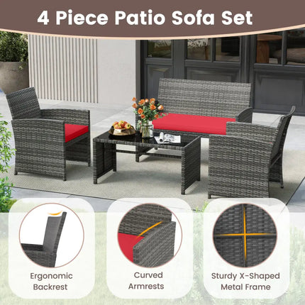 4 Piece Patio Conversation Set Rattan Chair Loveseat and Table Set-Red - Red - Patio Conversation Sets