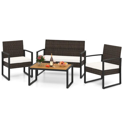 4 Piece Patio Furniture Set Outdoor Rattan Conversation Set with Cushioned Chairs and Wood Plastic Coffee Table-Off