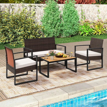 4 Piece Patio Furniture Set Outdoor Rattan Conversation Set with Cushioned Chairs and Wood Plastic Coffee Table-Off