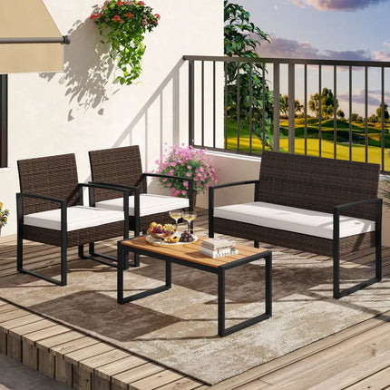 4 Piece Patio Furniture Set Outdoor Rattan Conversation Set with Cushioned Chairs and Wood Plastic Coffee Table-Off