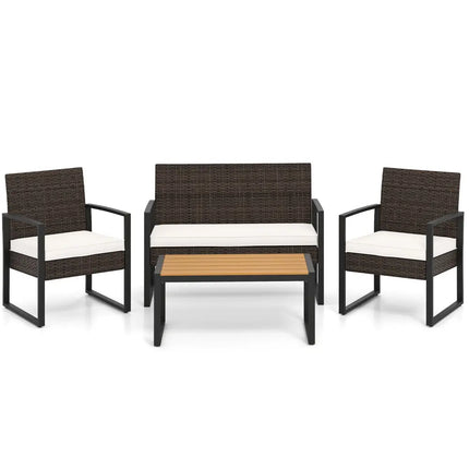 4 Piece Patio Furniture Set Outdoor Rattan Conversation Set with Cushioned Chairs and Wood Plastic Coffee Table-Off