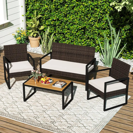 4 Piece Patio Furniture Set Outdoor Rattan Conversation Set with Cushioned Chairs and Wood Plastic Coffee Table-Off