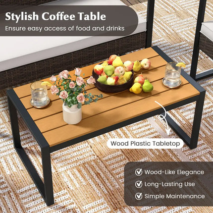 4 Piece Patio Furniture Set Outdoor Rattan Conversation Set with Cushioned Chairs and Wood Plastic Coffee Table-Off