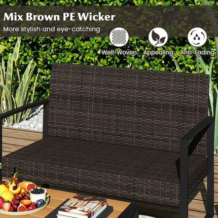 4 Piece Patio Furniture Set Outdoor Rattan Conversation Set with Cushioned Chairs and Wood Plastic Coffee Table-Off