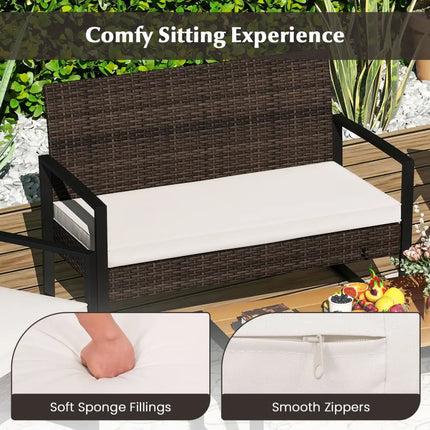 4 Piece Patio Furniture Set Outdoor Rattan Conversation Set with Cushioned Chairs and Wood Plastic Coffee Table-Off