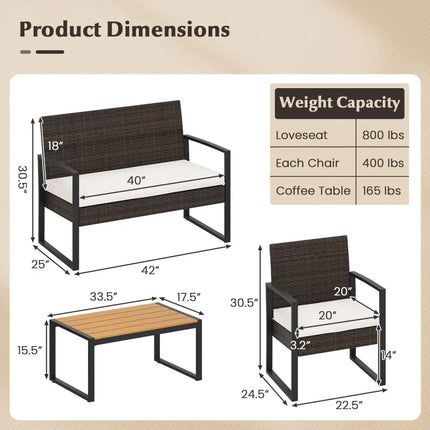 4 Piece Patio Furniture Set Outdoor Rattan Conversation Set with Cushioned Chairs and Wood Plastic Coffee Table-Off