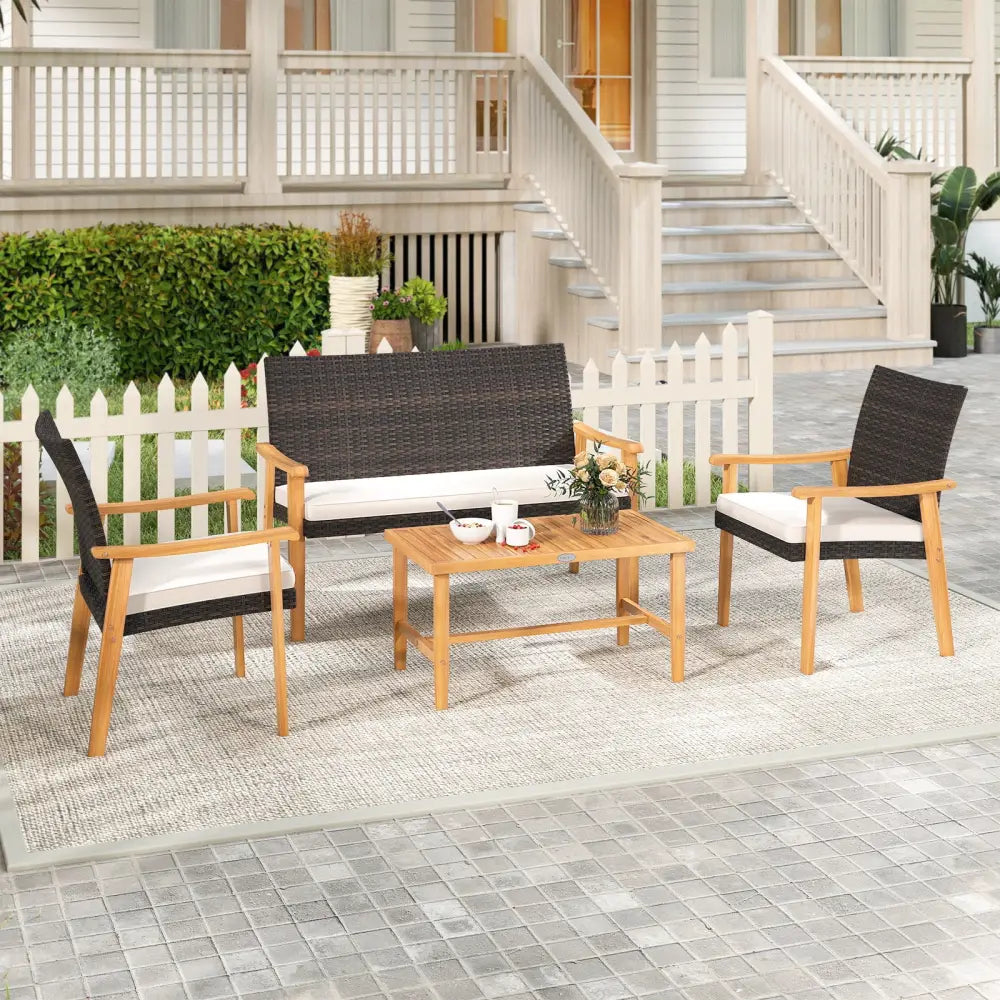 4 Piece Patio Furniture Set PE Rattan Porch Chairs with Acacia Wood Coffee Table and Soft Cushions-White - White