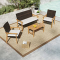 4 Piece Patio Furniture Set PE Rattan Porch Chairs with Acacia Wood Coffee Table and Soft Cushions-White - White