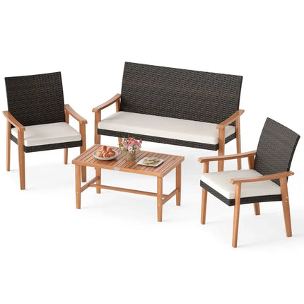 4 Piece Patio Furniture Set PE Rattan Porch Chairs with Acacia Wood Coffee Table and Soft Cushions-White - White