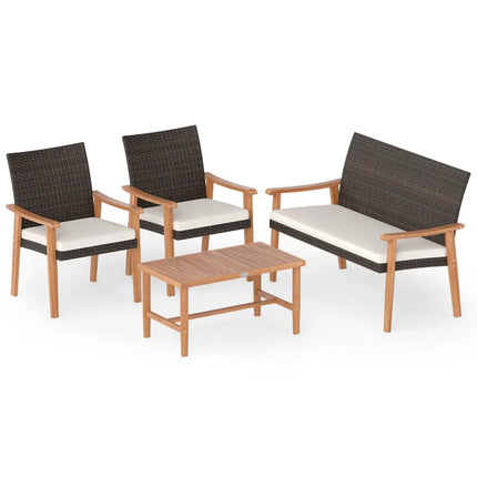 4 Piece Patio Furniture Set PE Rattan Porch Chairs with Acacia Wood Coffee Table and Soft Cushions-White - White