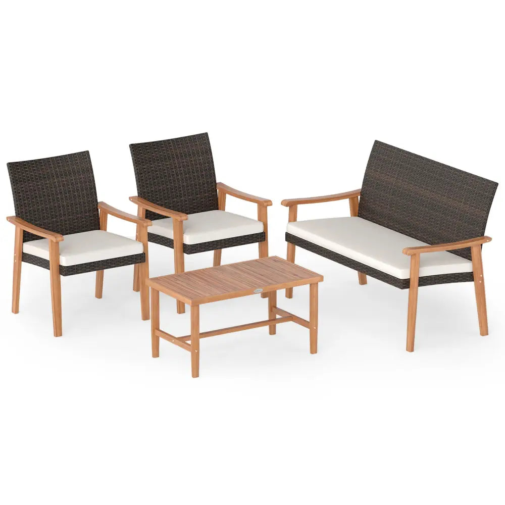 4 Piece Patio Furniture Set PE Rattan Porch Chairs with Acacia Wood Coffee Table and Soft Cushions-White - White