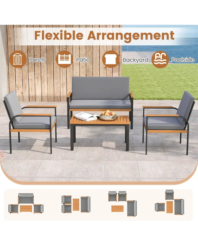 4 Piece Patio Furniture Set with Coffee Table and Loveseat with Removable Cushions-Gray - Gray - Patio Conversation Sets
