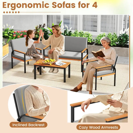 4 Piece Patio Furniture Set with Coffee Table and Loveseat with Removable Cushions-Gray - Gray - Patio Conversation Sets