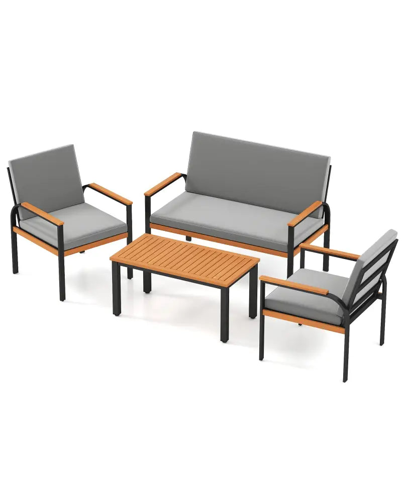 4 Piece Patio Furniture Set with Coffee Table and Loveseat with Removable Cushions-Gray - Gray - Patio Conversation Sets