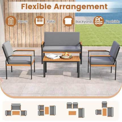 4 Piece Patio Furniture Set with Coffee Table and Loveseat with Removable Cushions-Gray - Gray - Patio Conversation Sets