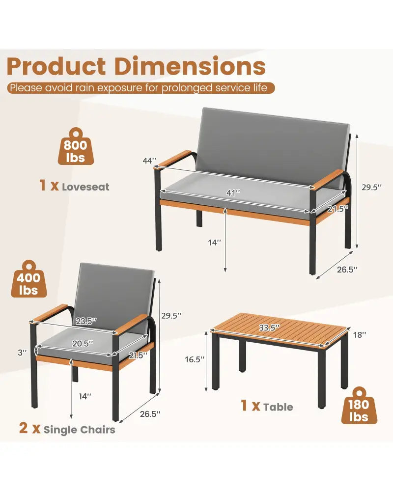 4 Piece Patio Furniture Set with Coffee Table and Loveseat with Removable Cushions-Gray - Gray - Patio Conversation Sets