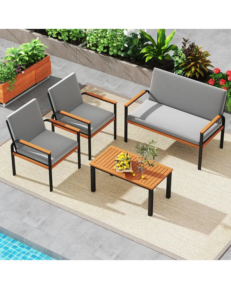 4 Piece Patio Furniture Set with Coffee Table and Loveseat with Removable Cushions-Gray - Gray - Patio Conversation Sets