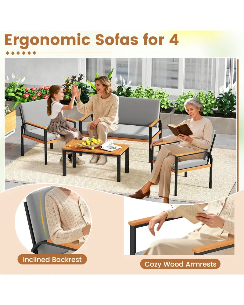 4 Piece Patio Furniture Set with Coffee Table and Loveseat with Removable Cushions-Gray - Gray - Patio Conversation Sets