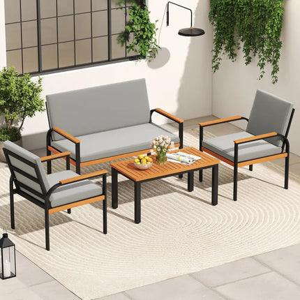4 Piece Patio Furniture Set with Coffee Table and Loveseat with Removable Cushions-Gray - Gray - Patio Conversation Sets