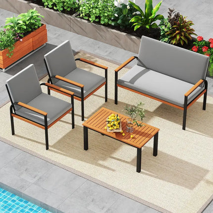 4 Piece Patio Furniture Set with Coffee Table and Loveseat with Removable Cushions-Gray - Gray - Patio Conversation Sets