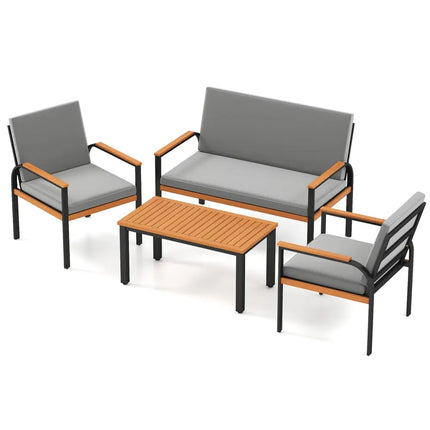 4 Piece Patio Furniture Set with Coffee Table and Loveseat with Removable Cushions-Gray - Gray - Patio Conversation Sets