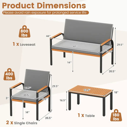 4 Piece Patio Furniture Set with Coffee Table and Loveseat with Removable Cushions-Gray - Gray - Patio Conversation Sets