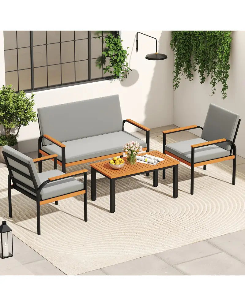 4 Piece Patio Furniture Set with Coffee Table and Loveseat with Removable Cushions-Gray - Gray - Patio Conversation Sets