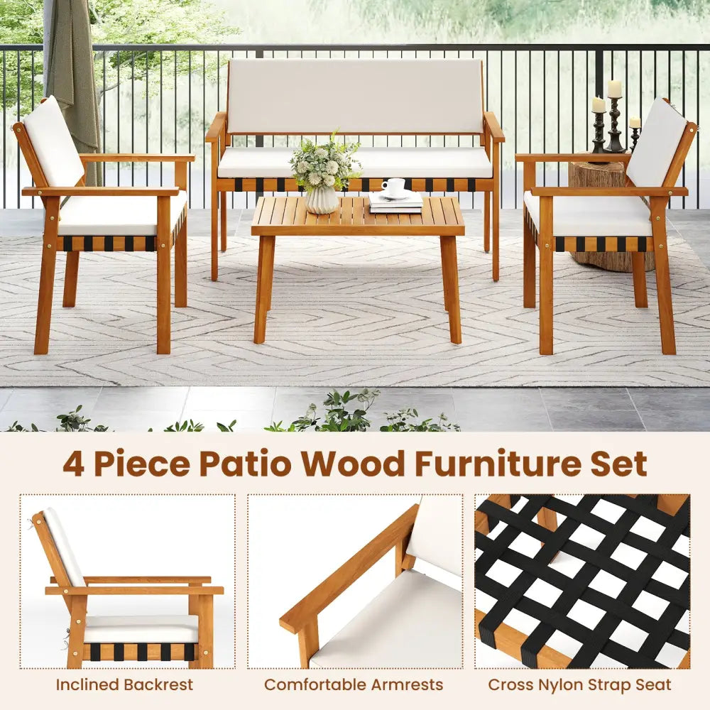 4 Piece Patio Furniture Set with Coffee Table for Backyard and Garden-White - White - Patio Conversation Sets