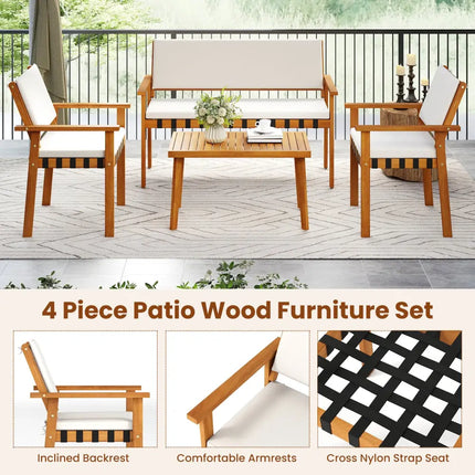 4 Piece Patio Furniture Set with Coffee Table for Backyard and Garden-White - White - Patio Conversation Sets