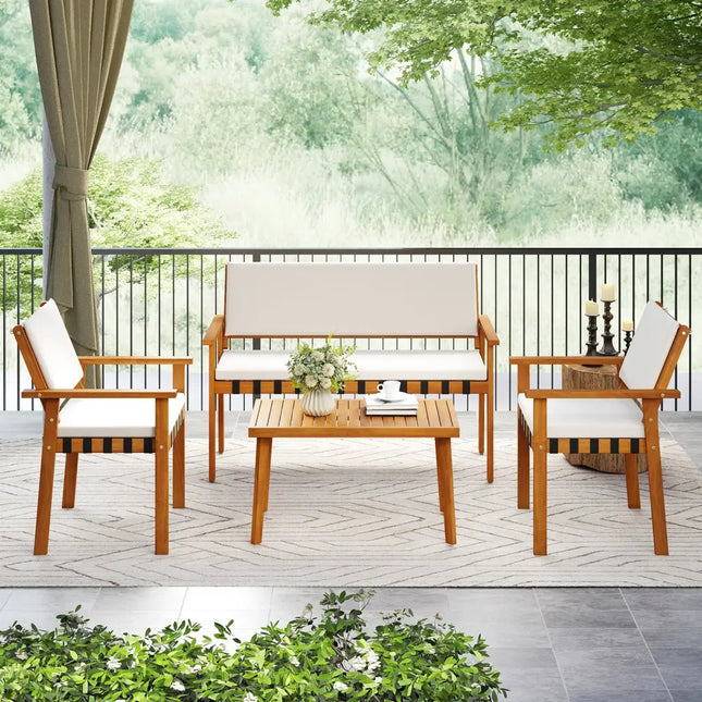 4 Piece Patio Furniture Set with Coffee Table for Backyard and Garden-White - White - Patio Conversation Sets