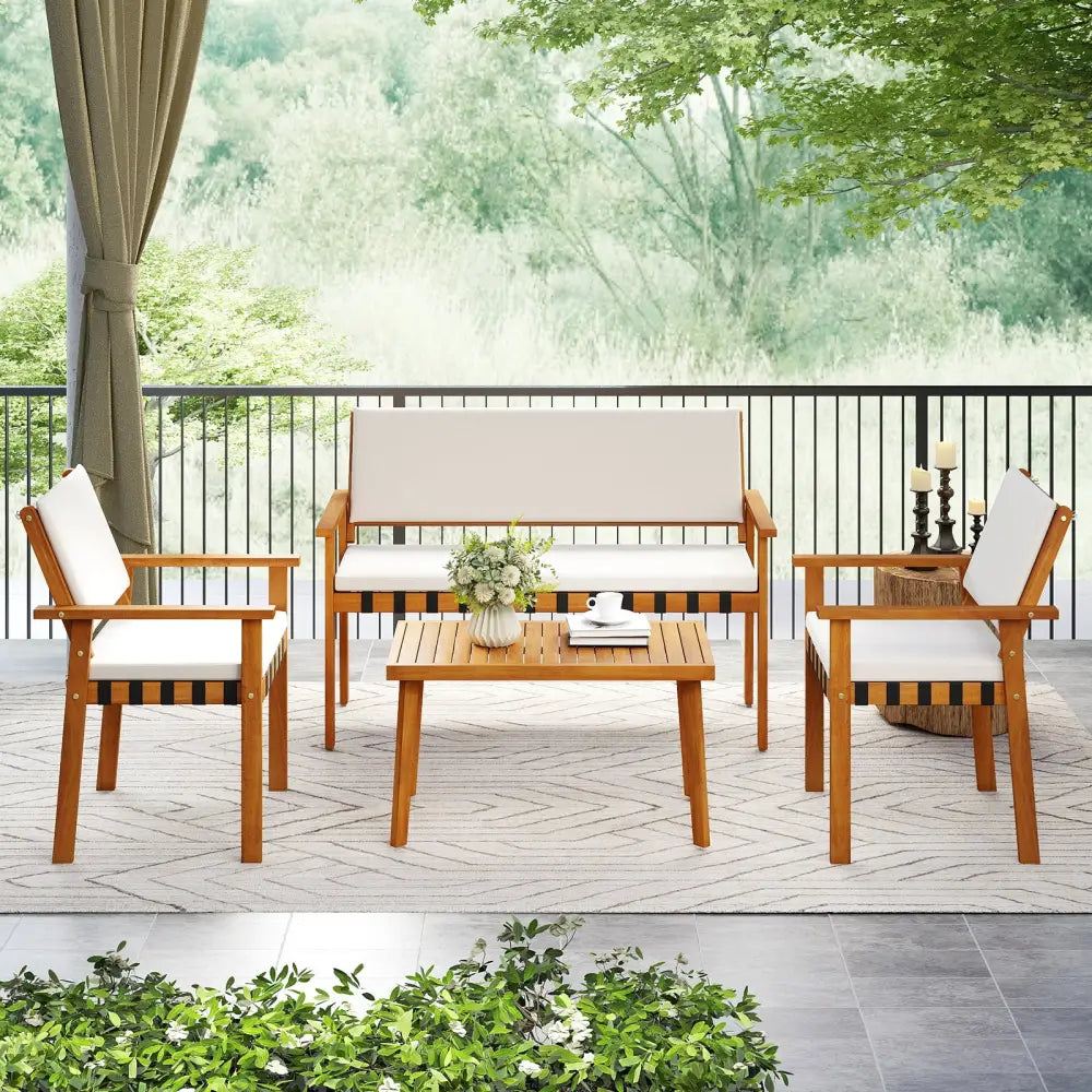 4 Piece Patio Furniture Set with Coffee Table for Backyard and Garden-White - White - Patio Conversation Sets