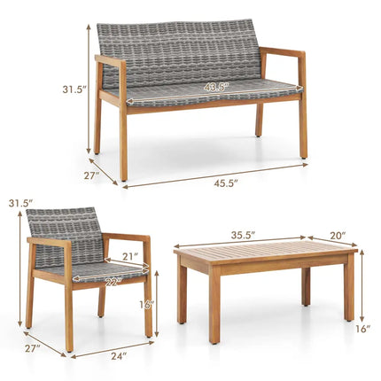 4-Piece Patio Furniture Set with Loveseat Single Chairs and Coffee Table - Natural - Patio Conversation Sets