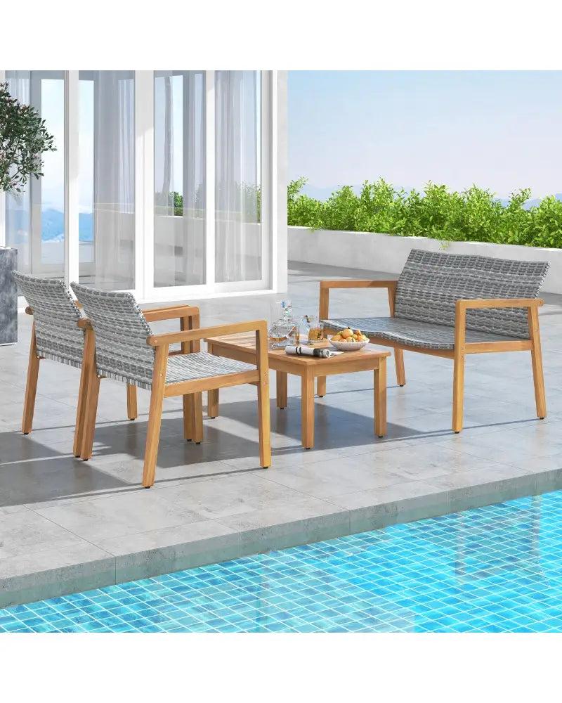 4-Piece Patio Furniture Set with Loveseat Single Chairs and Coffee Table - Natural - Patio Conversation Sets