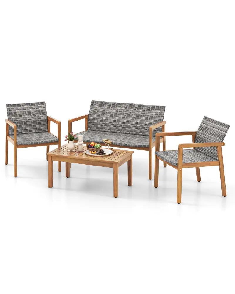 4-Piece Patio Furniture Set with Loveseat Single Chairs and Coffee Table - Natural - Patio Conversation Sets