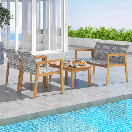 4-Piece Patio Furniture Set with Loveseat Single Chairs and Coffee Table - Natural - Patio Conversation Sets