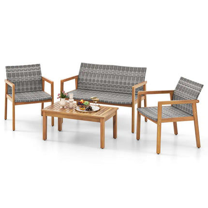 4-Piece Patio Furniture Set with Loveseat Single Chairs and Coffee Table - Natural - Patio Conversation Sets