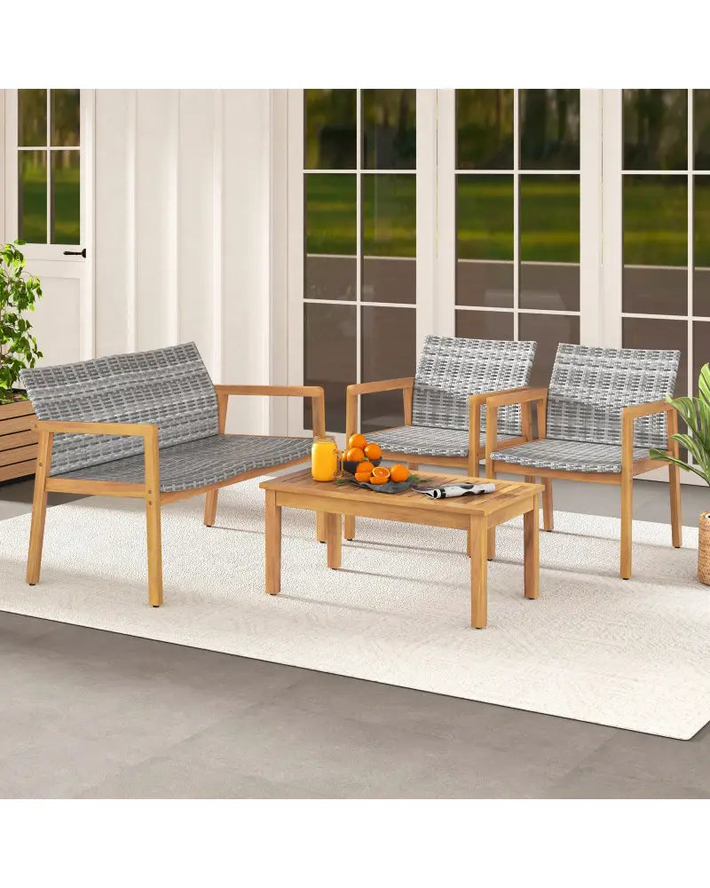 4-Piece Patio Furniture Set with Loveseat Single Chairs and Coffee Table - Natural - Patio Conversation Sets