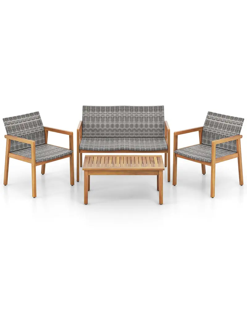 4-Piece Patio Furniture Set with Loveseat Single Chairs and Coffee Table - Natural - Patio Conversation Sets