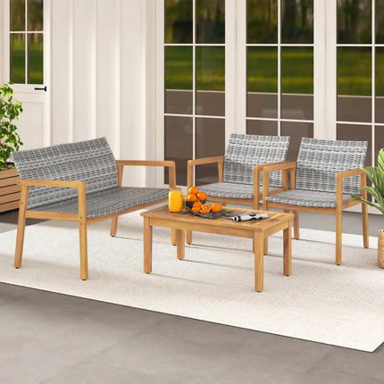 4-Piece Patio Furniture Set with Loveseat Single Chairs and Coffee Table - Natural - Patio Conversation Sets