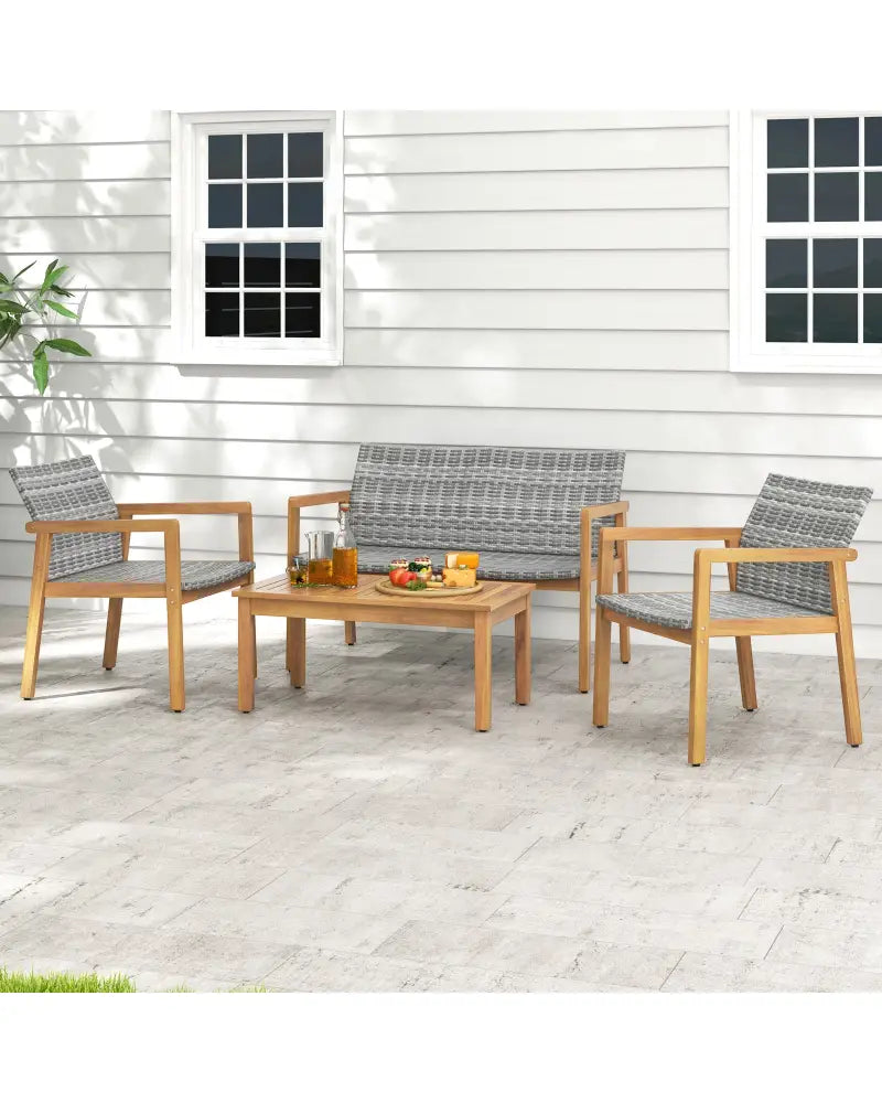 4-Piece Patio Furniture Set with Loveseat Single Chairs and Coffee Table - Natural - Patio Conversation Sets