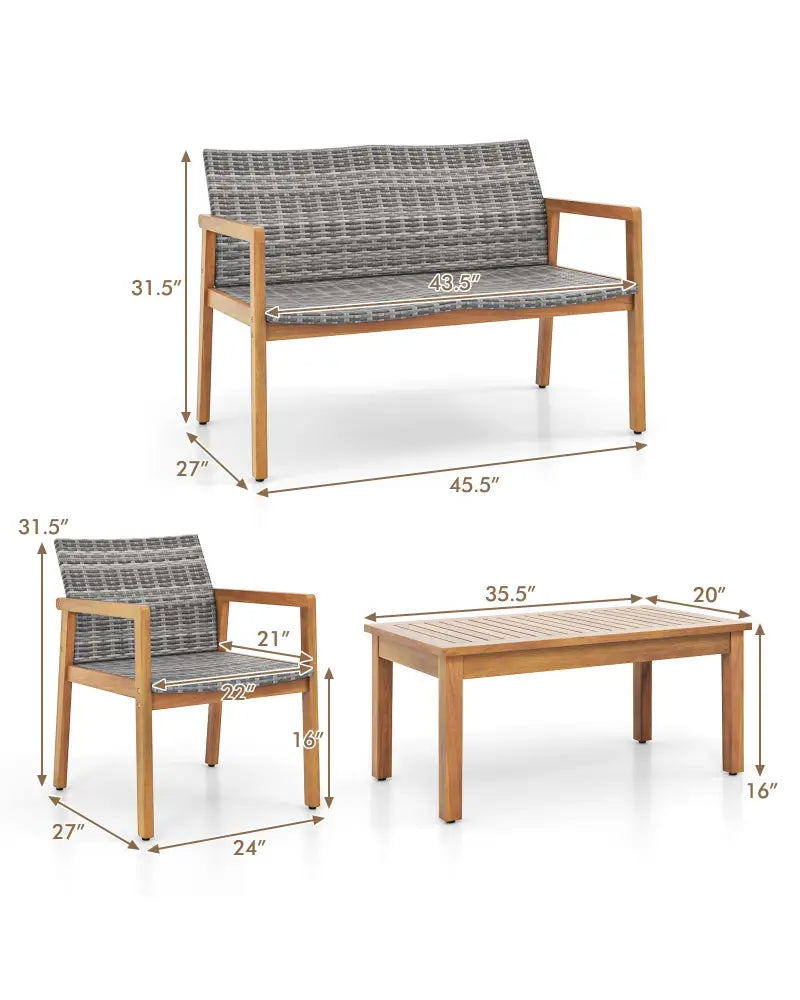 4-Piece Patio Furniture Set with Loveseat Single Chairs and Coffee Table - Natural - Patio Conversation Sets
